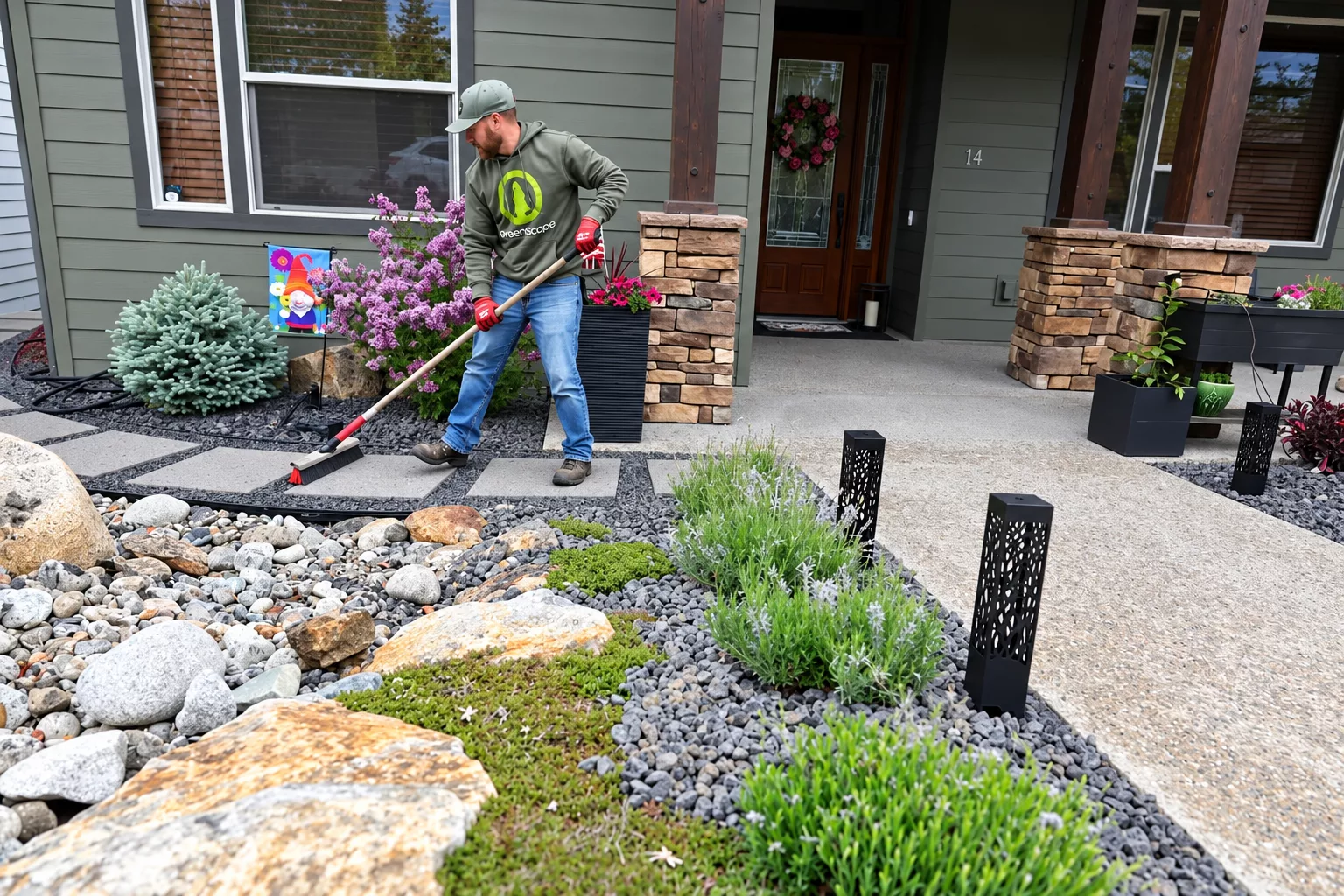 Spring yard cleanup by Greenscape Landscaping, featuring meticulous maintenance of rock beds and plantings.