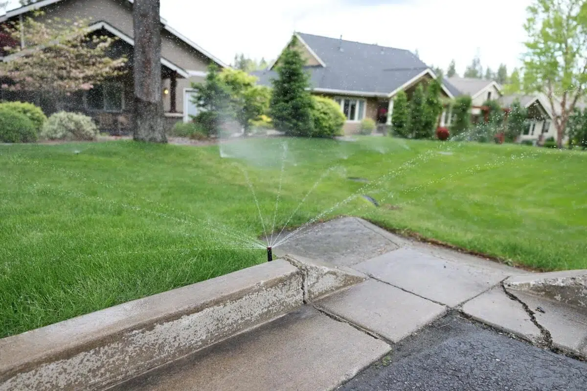 Completed sprinkler system installation watering a freshly seeded lawn near a paved walkway